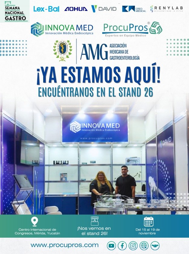 Promoción de participación en Semana Nacional de Gastroenterología con stand de InnovaMed y marcas asociadas Lex-Bal, Procupros y AMG